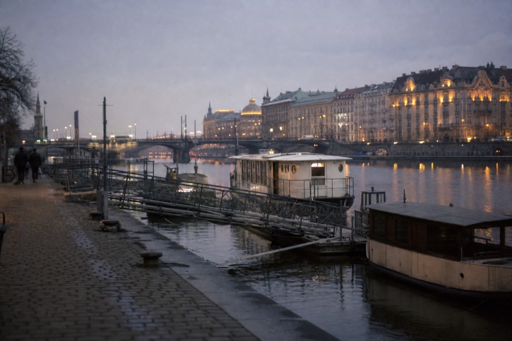 Dvořákovo nábřeží pier in early morning, gangways down to the floating docks, a few distant figures